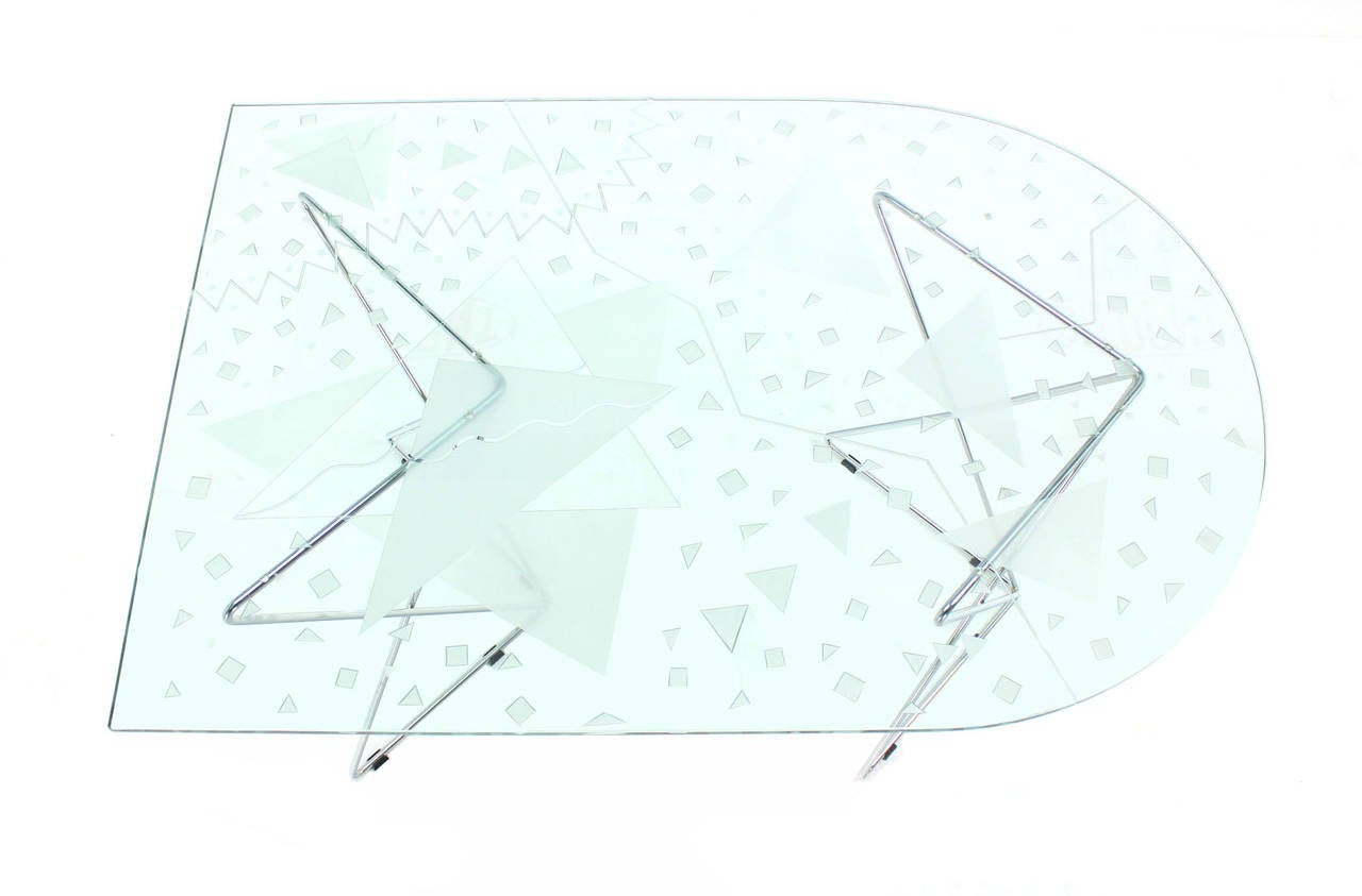 Pattern Etched Top Art Glass Dining Table with Chrome Wire Base Signed ...