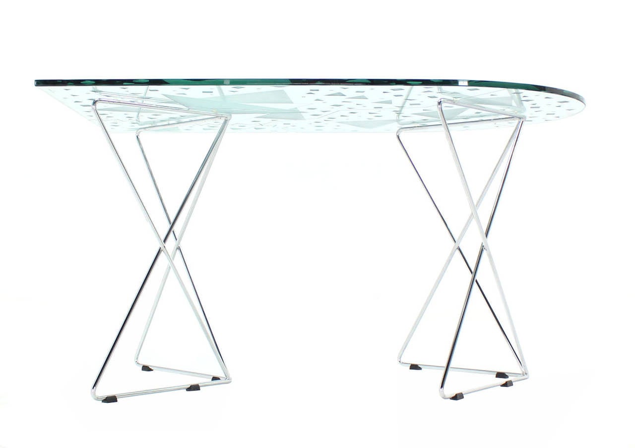 Pattern Etched Top Art Glass Dining Table with Chrome Wire Base Signed ...