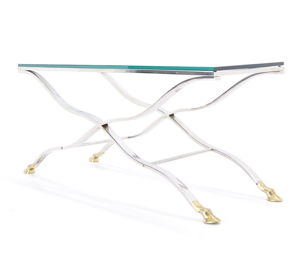 Mid Century Modern Chrome Glass Top Coffee Console Table with Brass Hoof-Feet 4