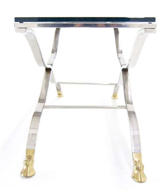 American Mid Century Modern Chrome Glass Top Coffee Console Table with Brass Hoof-Feet