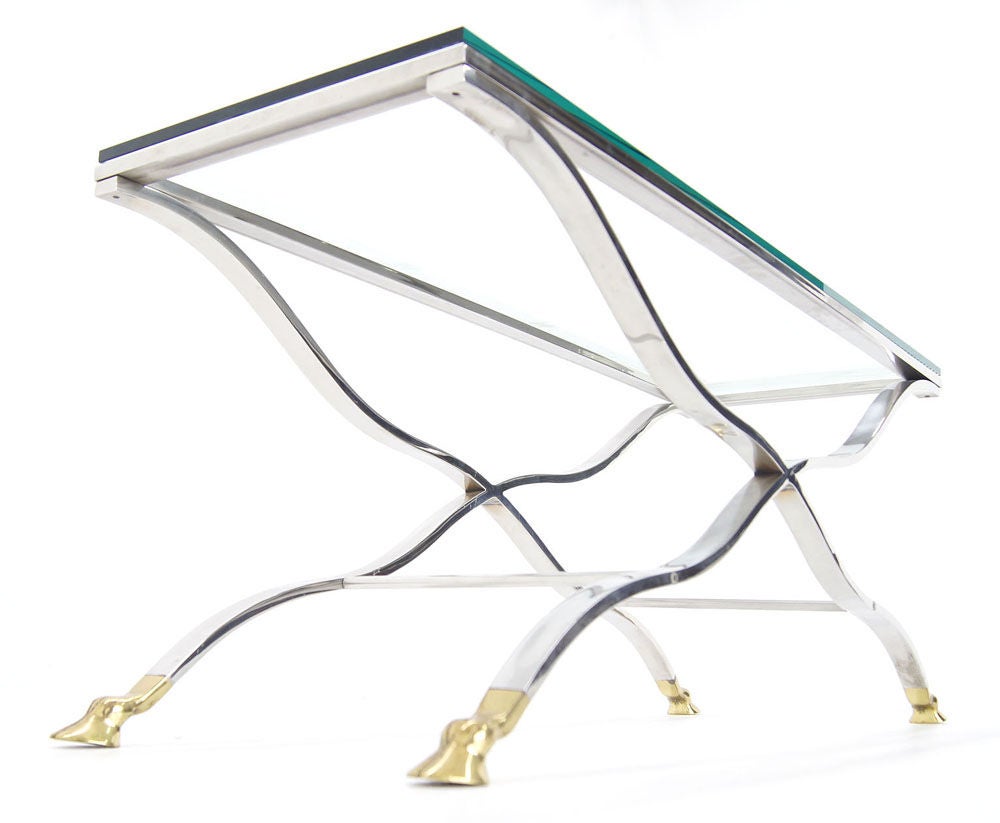 Mid Century Modern Chrome Glass Top Coffee Console Table with Brass Hoof-Feet In Excellent Condition In Rockaway, NJ