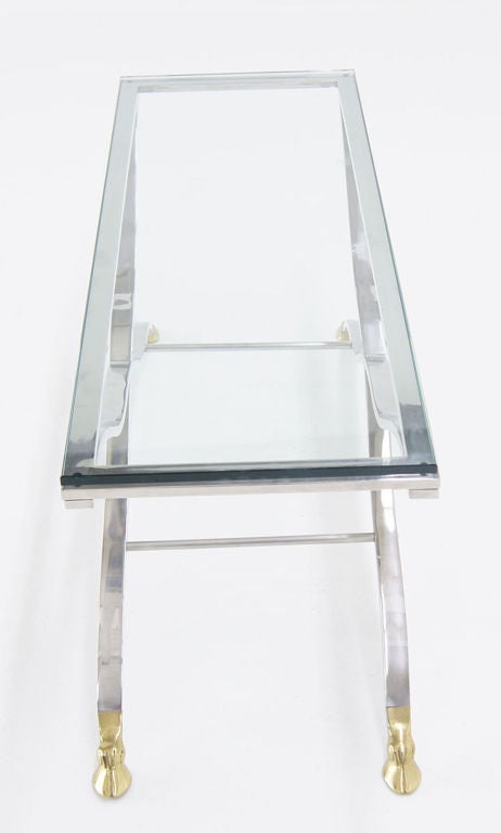 20th Century Mid Century Modern Chrome Glass Top Coffee Console Table with Brass Hoof-Feet