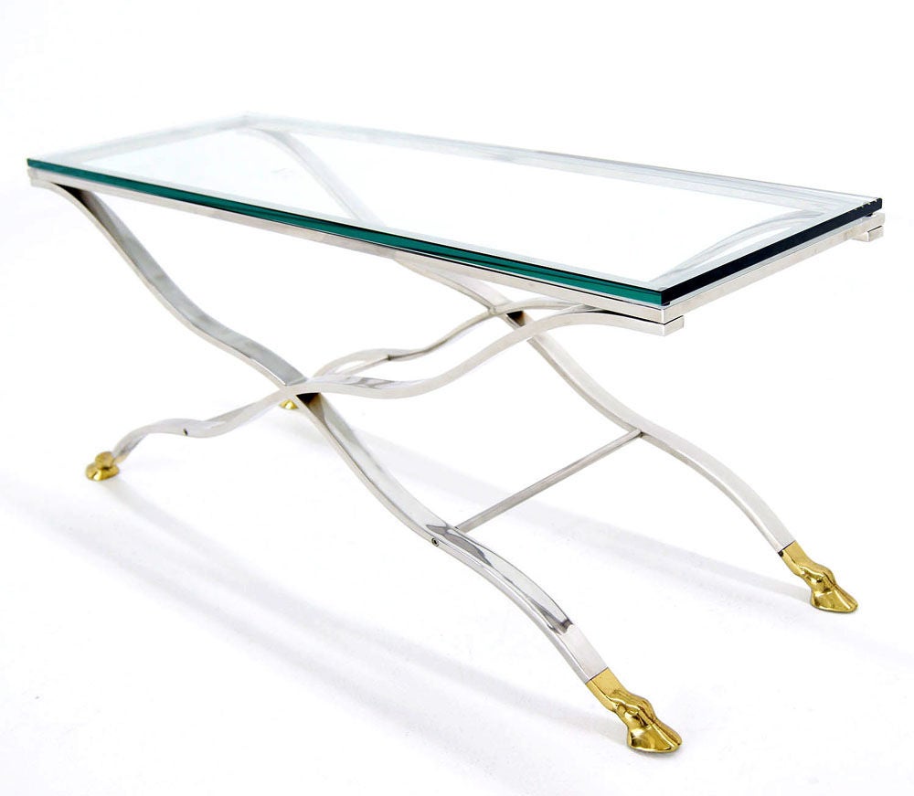 Mid Century Modern Chrome Glass Top Coffee Console Table with Brass Hoof-Feet 1