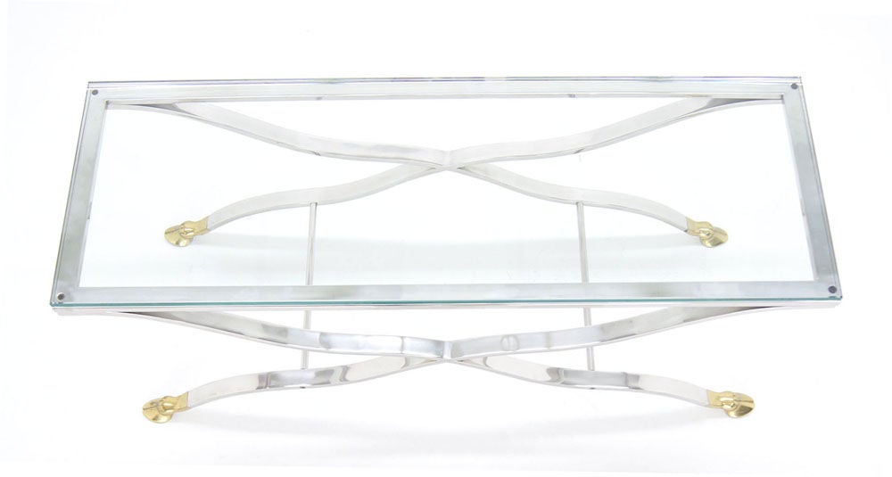 Mid Century Modern Chrome Glass Top Coffee Console Table with Brass Hoof-Feet 2