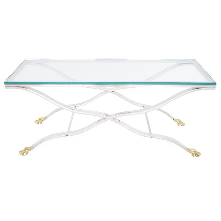 Mid Century Modern Chrome Glass Top Coffee Console Table with Brass Hoof-Feet
