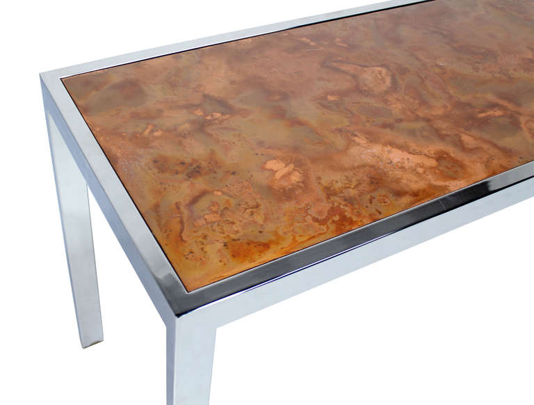 American Chrome and Copper-Top Baughamn Style, Mid-Century Modern Console or Sofa Table