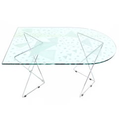 Pattern Etched Top Art Glass Dining Table with Chrome Wire Base Signed