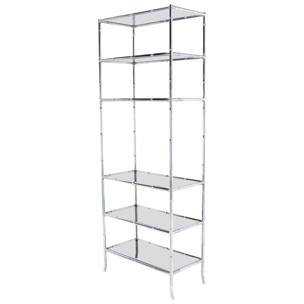 Chrome Faux Bamboo Etagere Unit with Smoked Glass Shelves