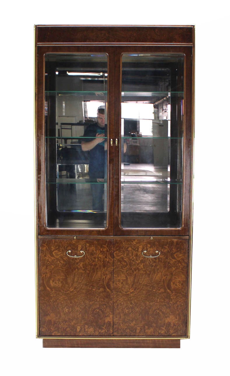 Mid-Century Modern Pair of Burl Walnut  Brass and Glass Show Case Curio Cabinets