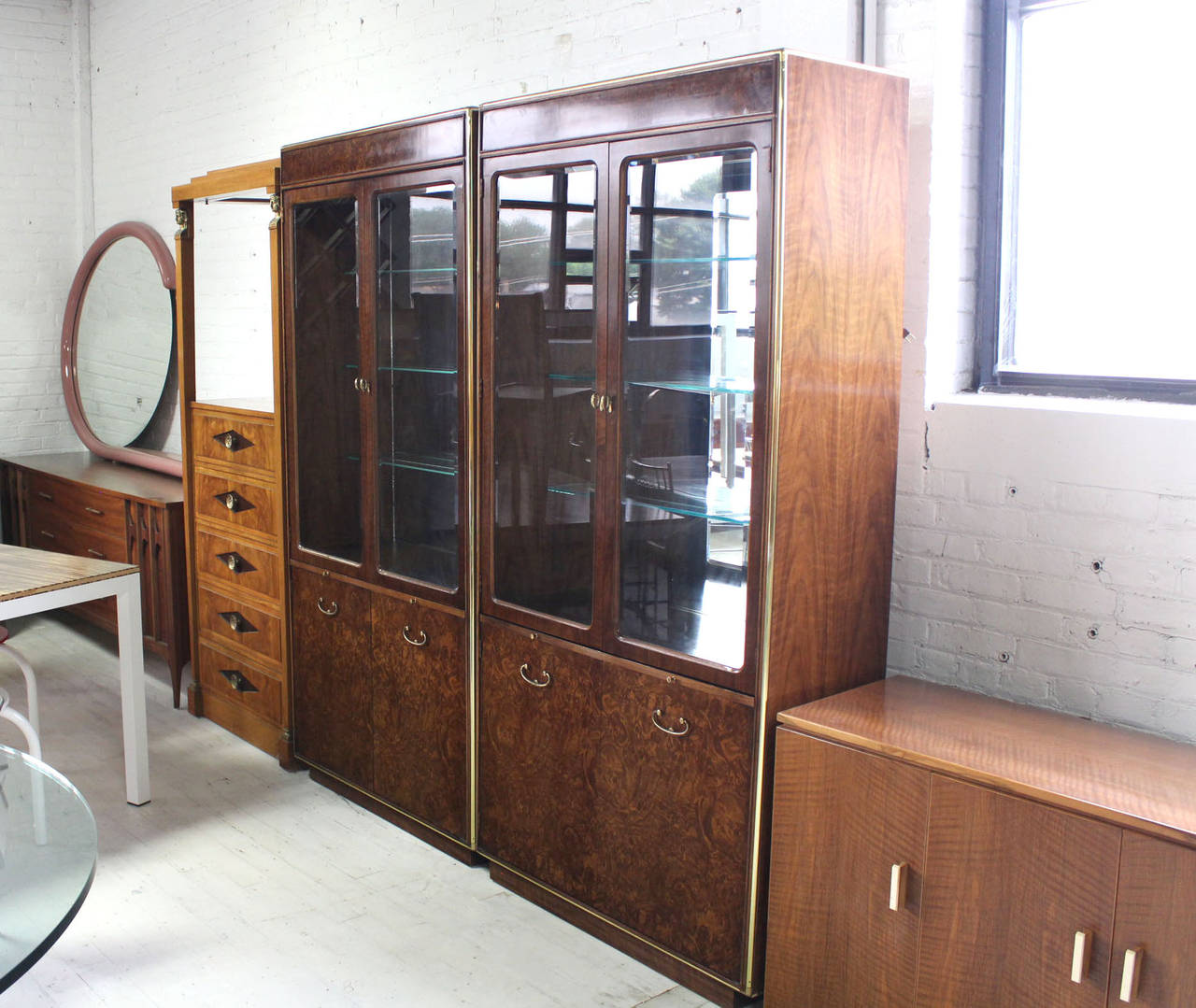 Pair of burl wood vitrines show cases wall units. Outstanding craftsmanship featuring pull out tray serving area. 