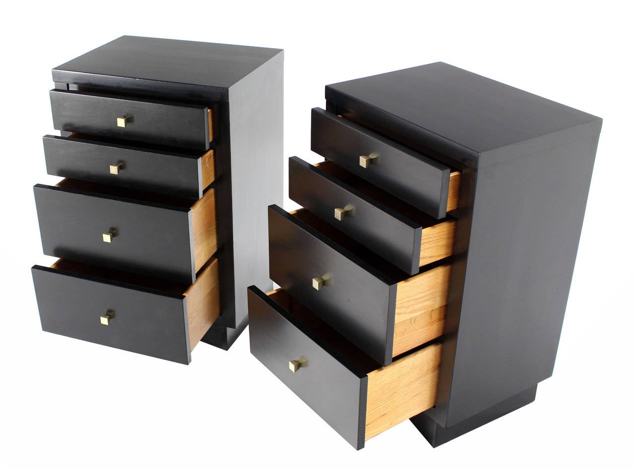 American Pair of Black Lacquer, Four-Drawer Night Stands or End Tables