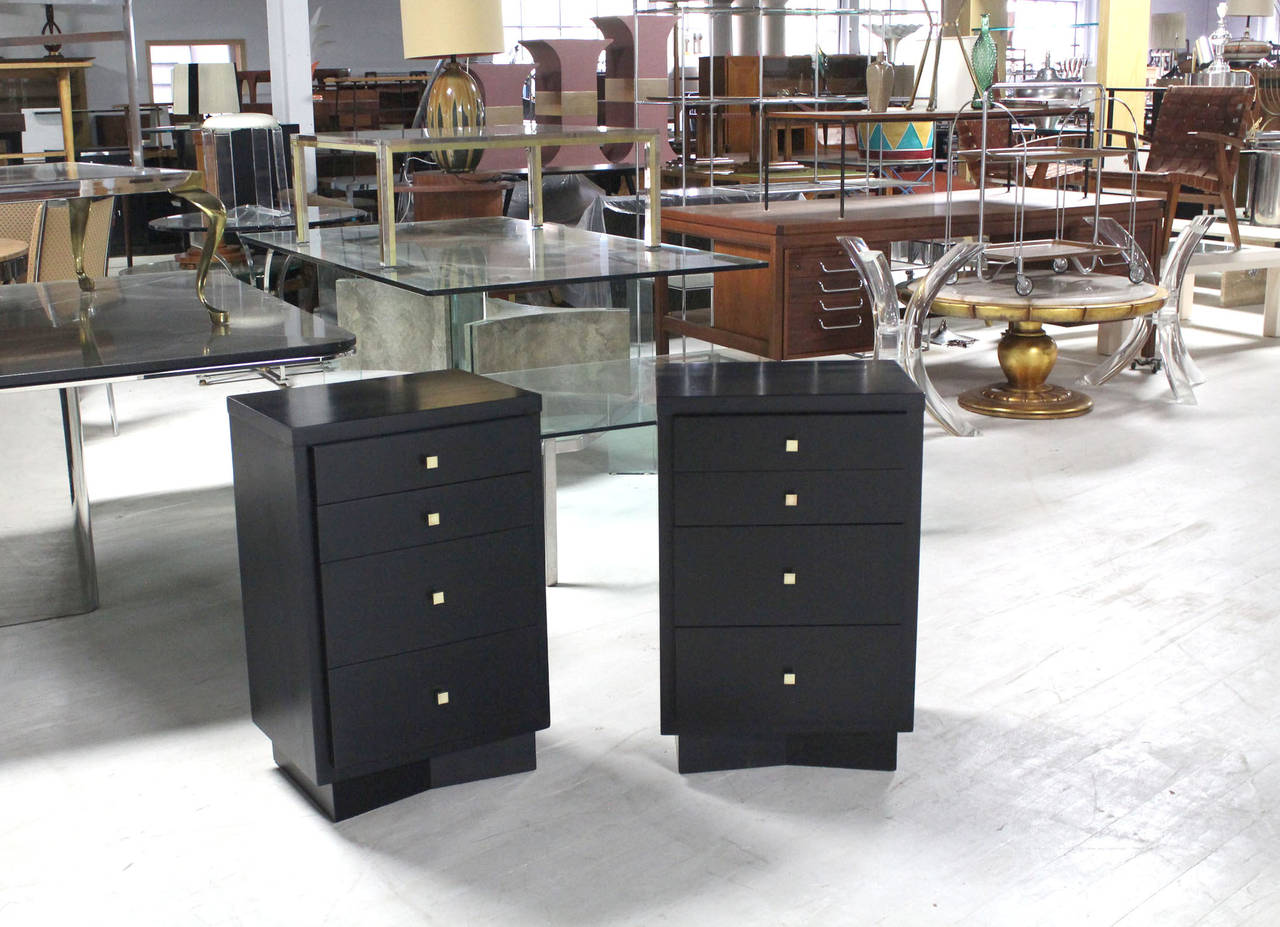 Mid-Century Modern Pair of Black Lacquer, Four-Drawer Night Stands or End Tables