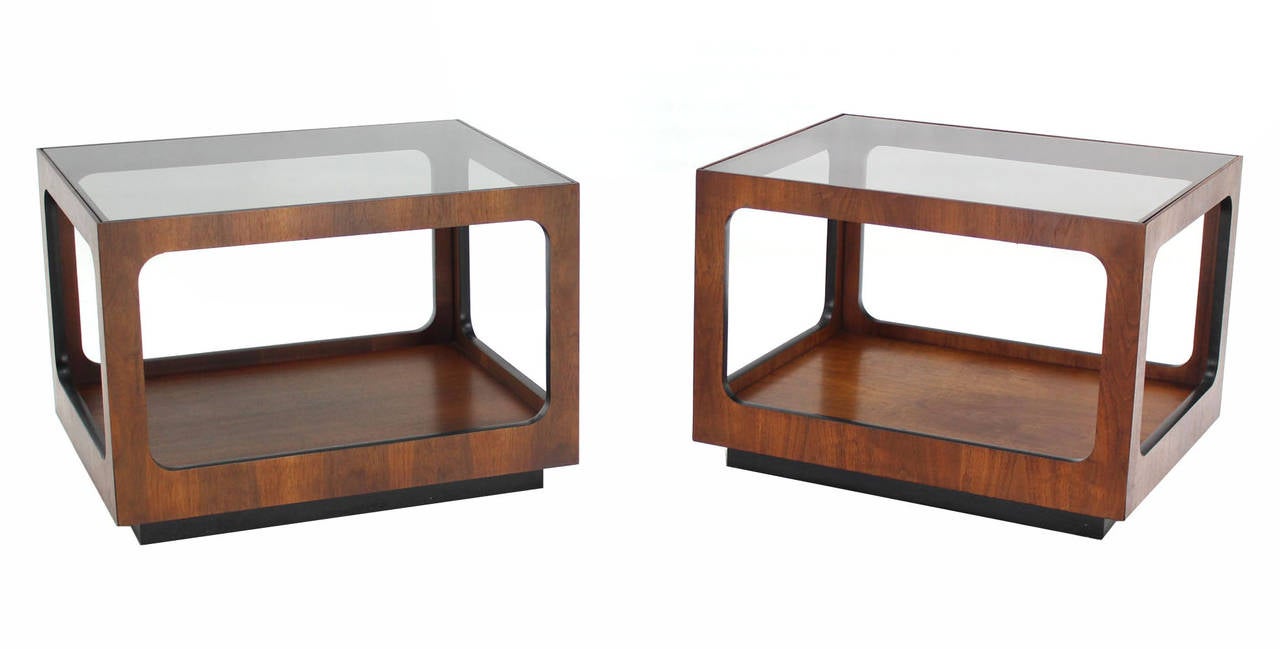 Pair Rectangular Cube Shape Glass top Walnut End Tables 1
