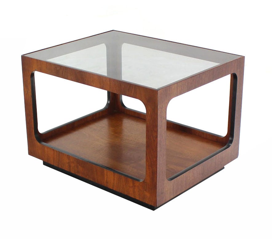 Mid-Century Modern Pair Rectangular Cube Shape Glass top Walnut End Tables