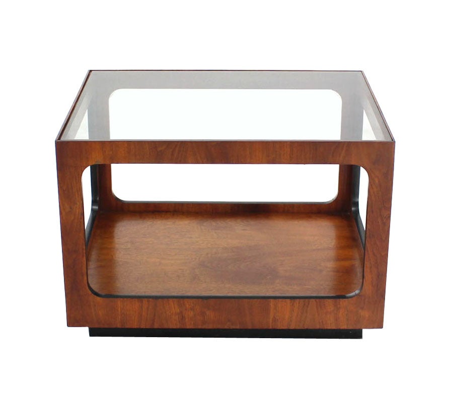20th Century Pair Rectangular Cube Shape Glass top Walnut End Tables