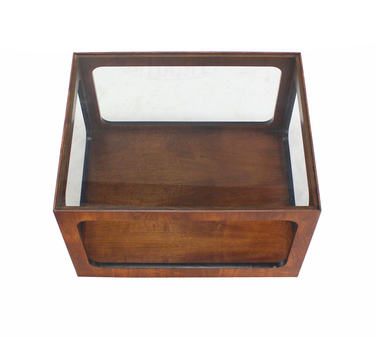American Pair Rectangular Cube Shape Glass top Walnut End Tables