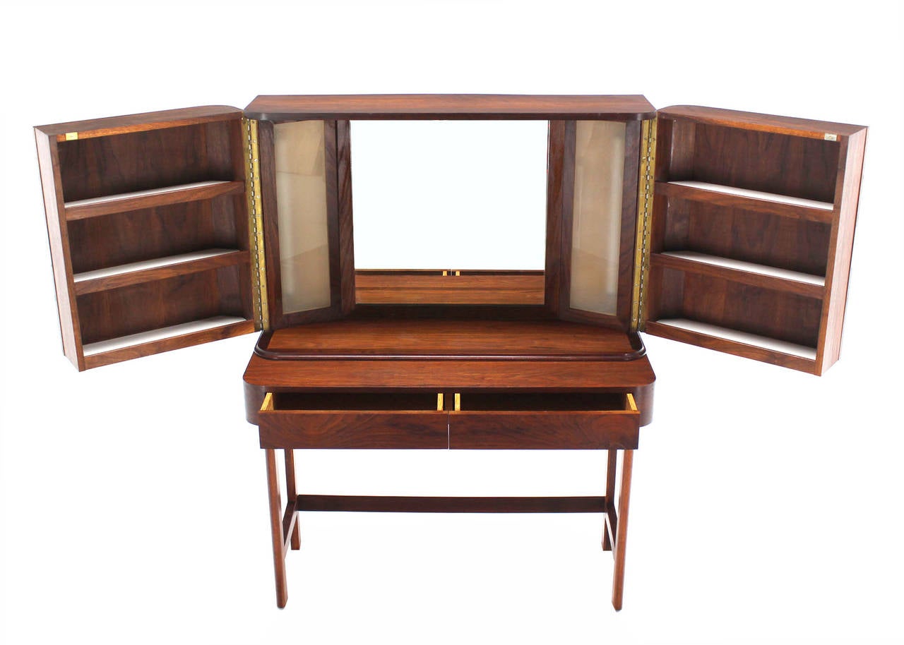 Mid-Century Modern Rosewood Art Deco Open Up Vanity with Light and Matching bench