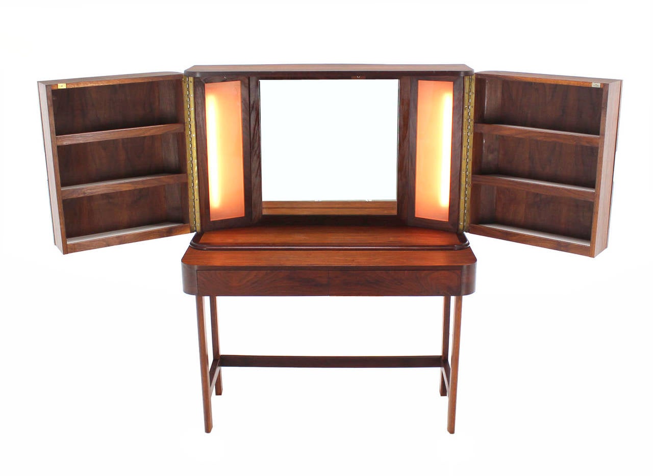 Lacquered Rosewood Art Deco Open Up Vanity with Light and Matching bench