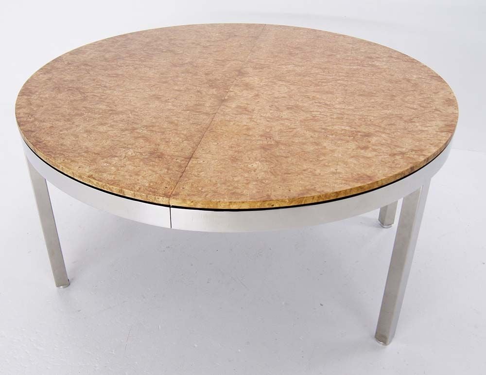 Very nice, large burl wood top on heavy stainless steel base dining or conference table with two 18