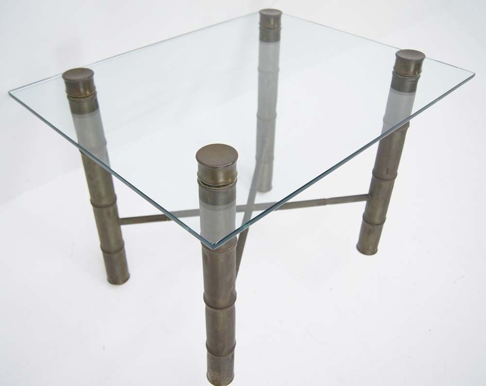 Metal Faux Bamboo Brass X Base Square Glass Top Coffee Table Mid Century Modern