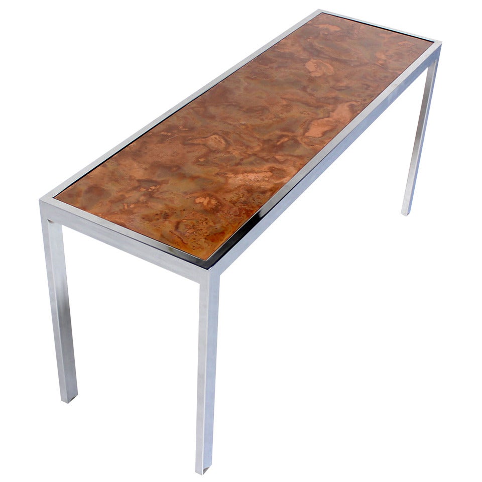 Chrome and Copper-Top Baughamn Style, Mid-Century Modern Console or Sofa Table