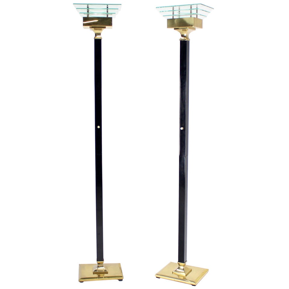 Pair of Black Enamel and Brass Mid-Century Modern Floor Lamp Torcheres
