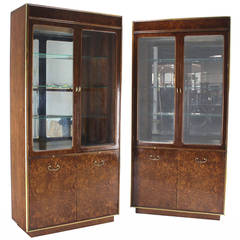 Pair of Burl Walnut  Brass and Glass Show Case Curio Cabinets
