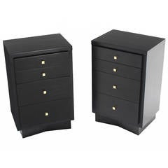 Pair of Black Lacquer, Four-Drawer Night Stands or End Tables