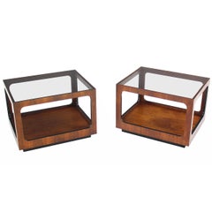 Pair Rectangular Cube Shape Glass top Walnut End Tables