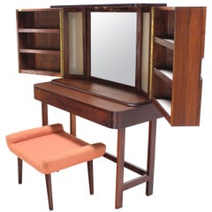 Vintage Rosewood Art Deco Open Up Vanity with Light and Matching bench