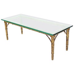 Lacquered Wood Faux Bamboo with Glass Top Rectangular Coffee Table