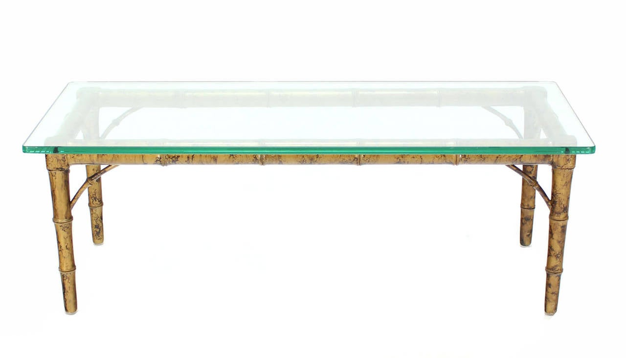 American Lacquered Wood Faux Bamboo with Glass Top Rectangular Coffee Table