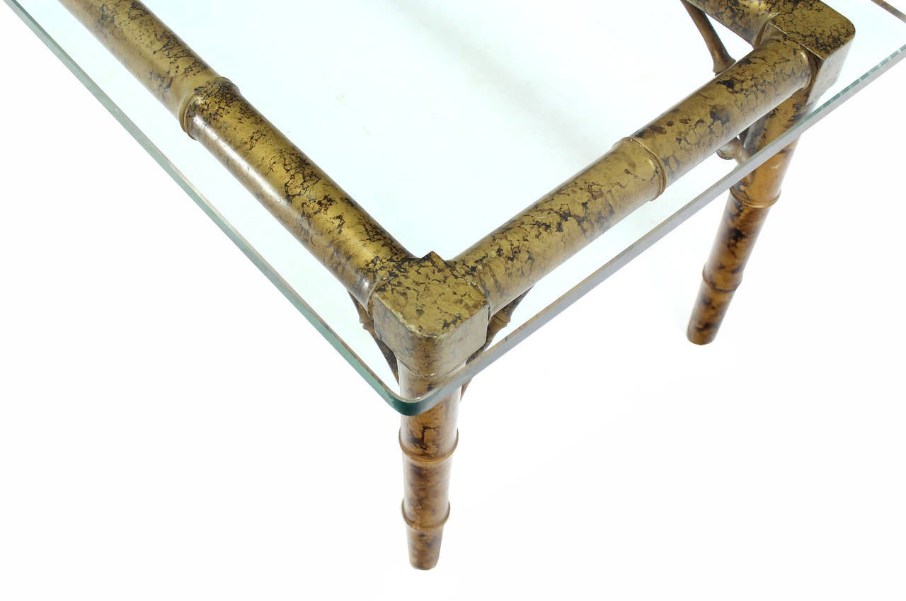 Mid-Century Modern Lacquered Wood Faux Bamboo with Glass Top Rectangular Coffee Table
