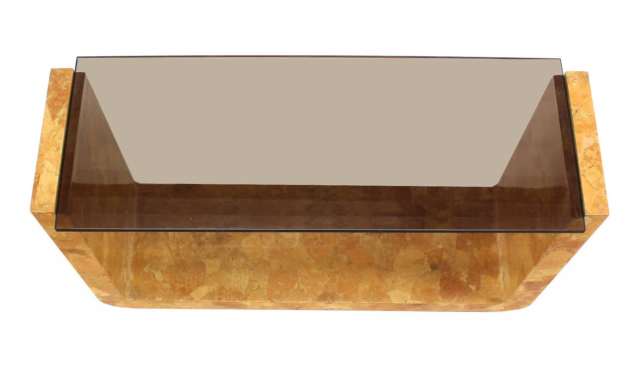 Mid-Century Modern Burl Wood Smoked Smoked Glass Top U-Shape Console Table