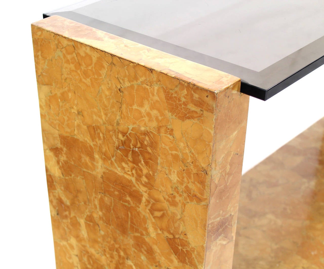 Lacquered Burl Wood Smoked Smoked Glass Top U-Shape Console Table
