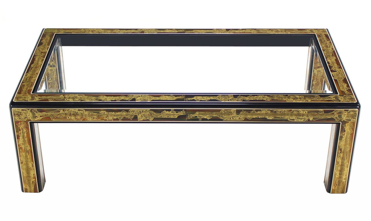 Rectangular GlassTop Brass and Wood Base Coffee Table by Mastercraft