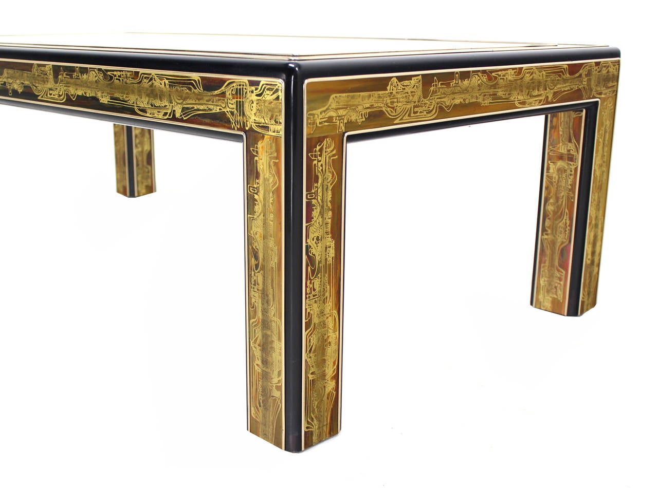 20th Century Rectangular Glass-Top Brass and Wood Base Coffee Table by Mastercraft