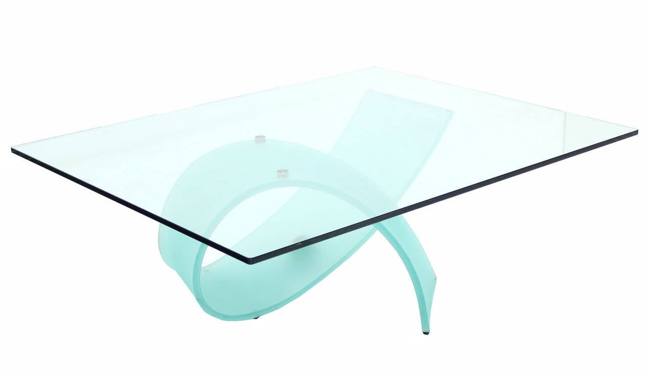 Frosted Glass Ribbon Base Square Glass-Top Coffee Table In Excellent Condition In Rockaway, NJ