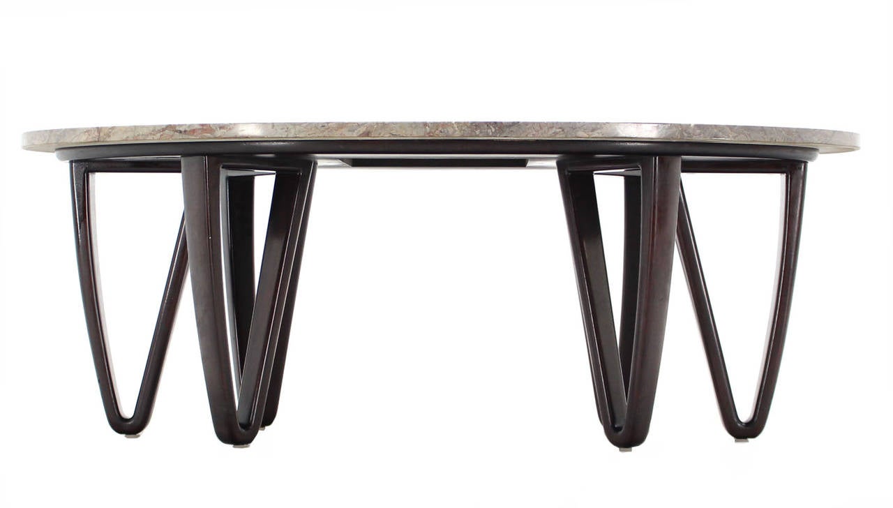 20th Century Oval Marble-Top Coffee Table on Wooden Hair Pin Legs