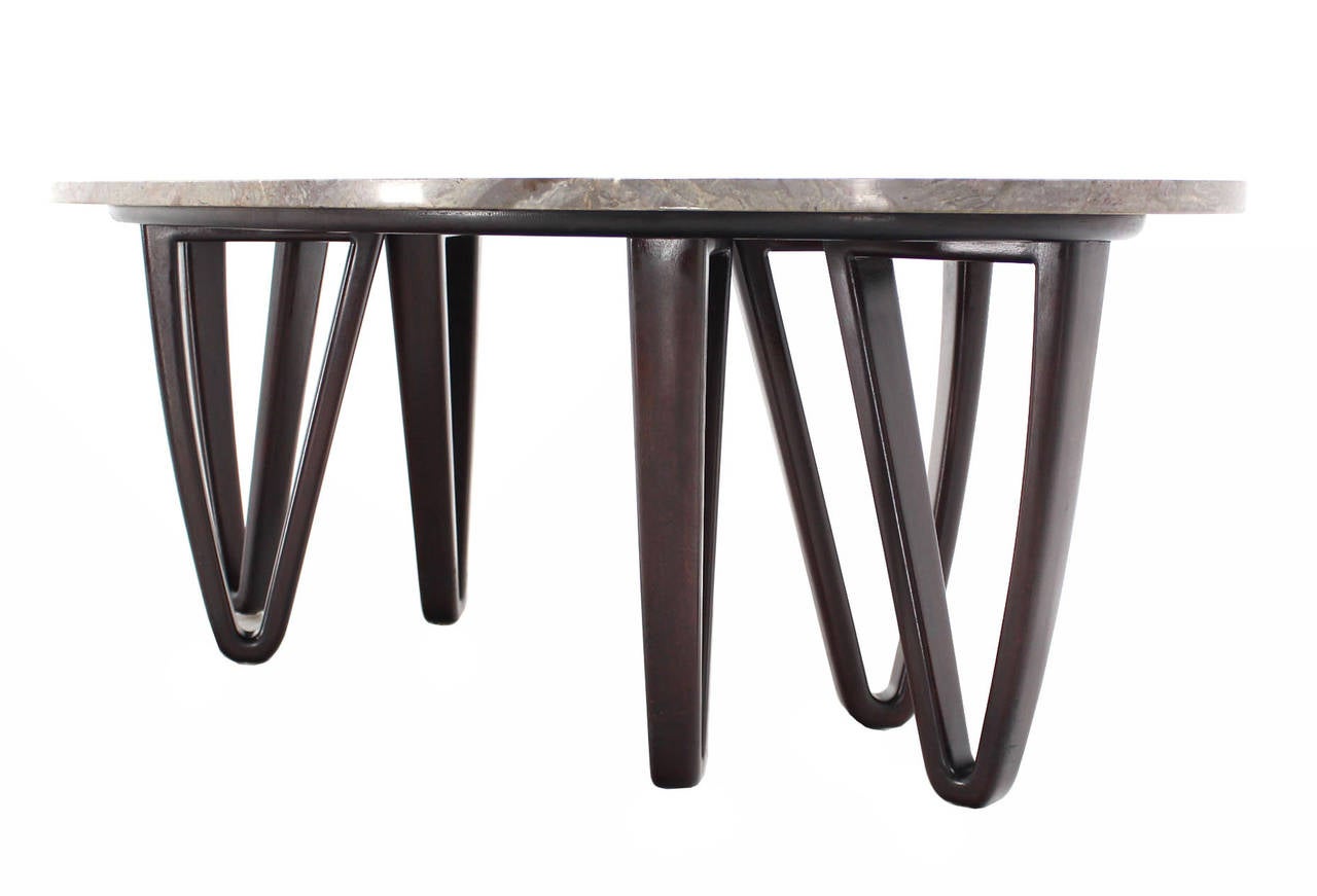 Mid-Century Modern Oval Marble-Top Coffee Table on Wooden Hair Pin Legs
