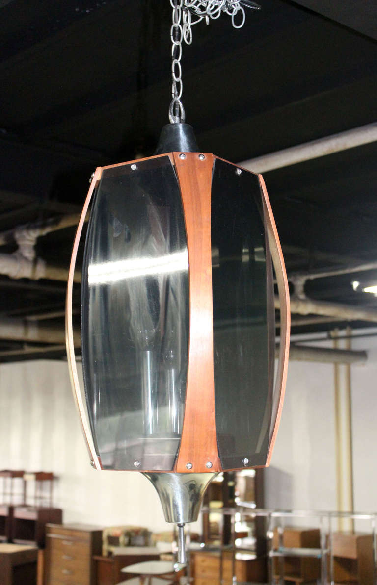 Danish Mid-Century Modern Pendant Light Fixture with Teak Frame In Excellent Condition In Rockaway, NJ