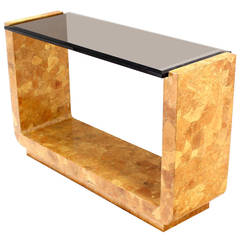 Burl Wood Smoked Smoked Glass Top U-Shape Console Table 9