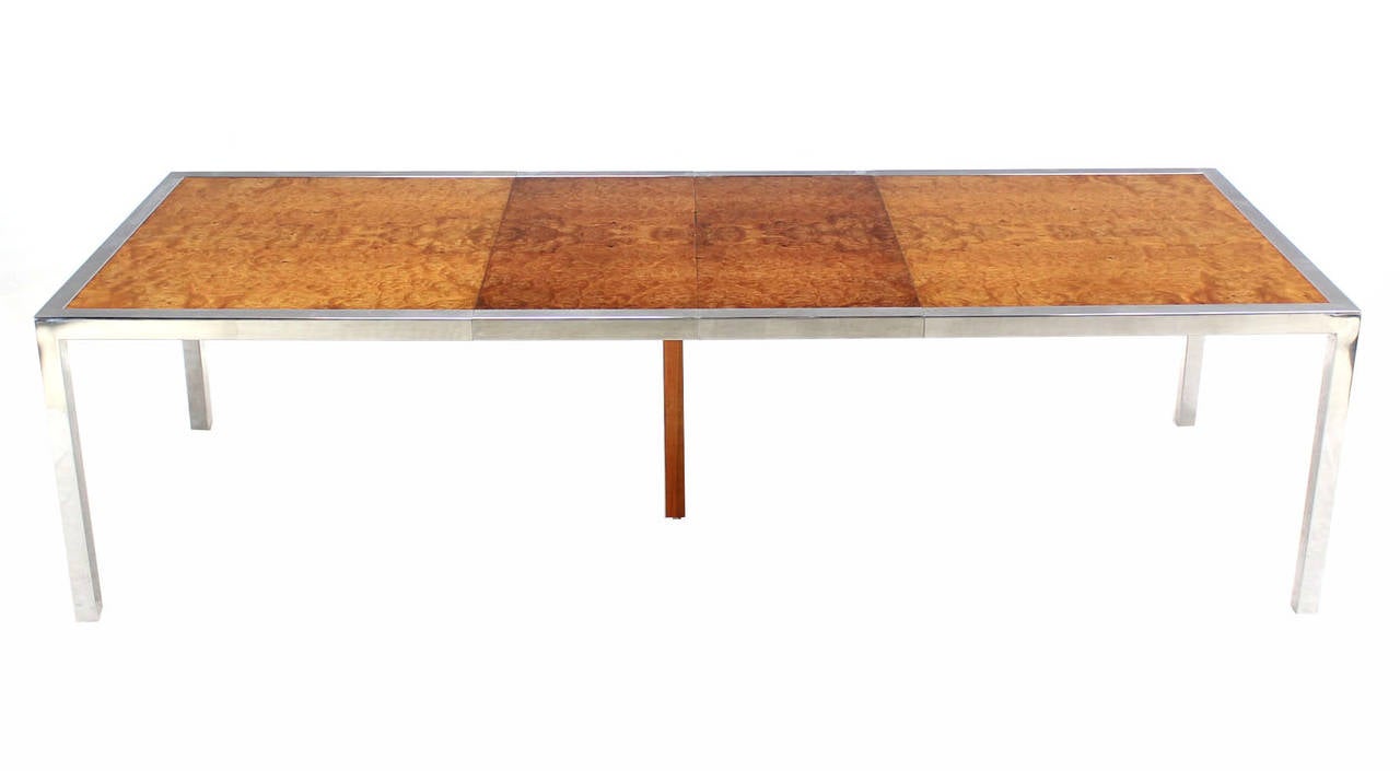 Mid-Century Modern Chrome Burl Wood Dining Conference Table with Two Leaves