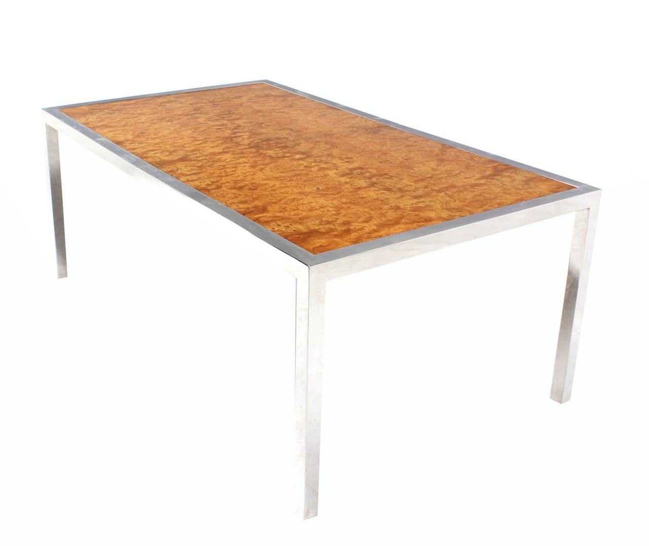 Stainless Steel Chrome Burl Wood Dining Conference Table with Two Leaves