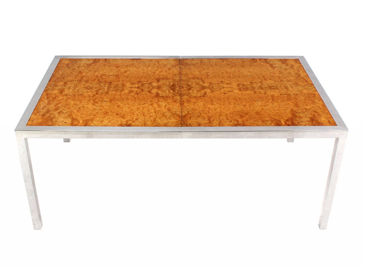 Polished Chrome Burl Wood Dining Conference Table with Two Leaves