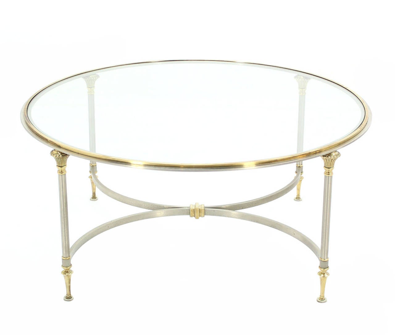 Polished Round Glass Brass and Pewter Round Coffee Table