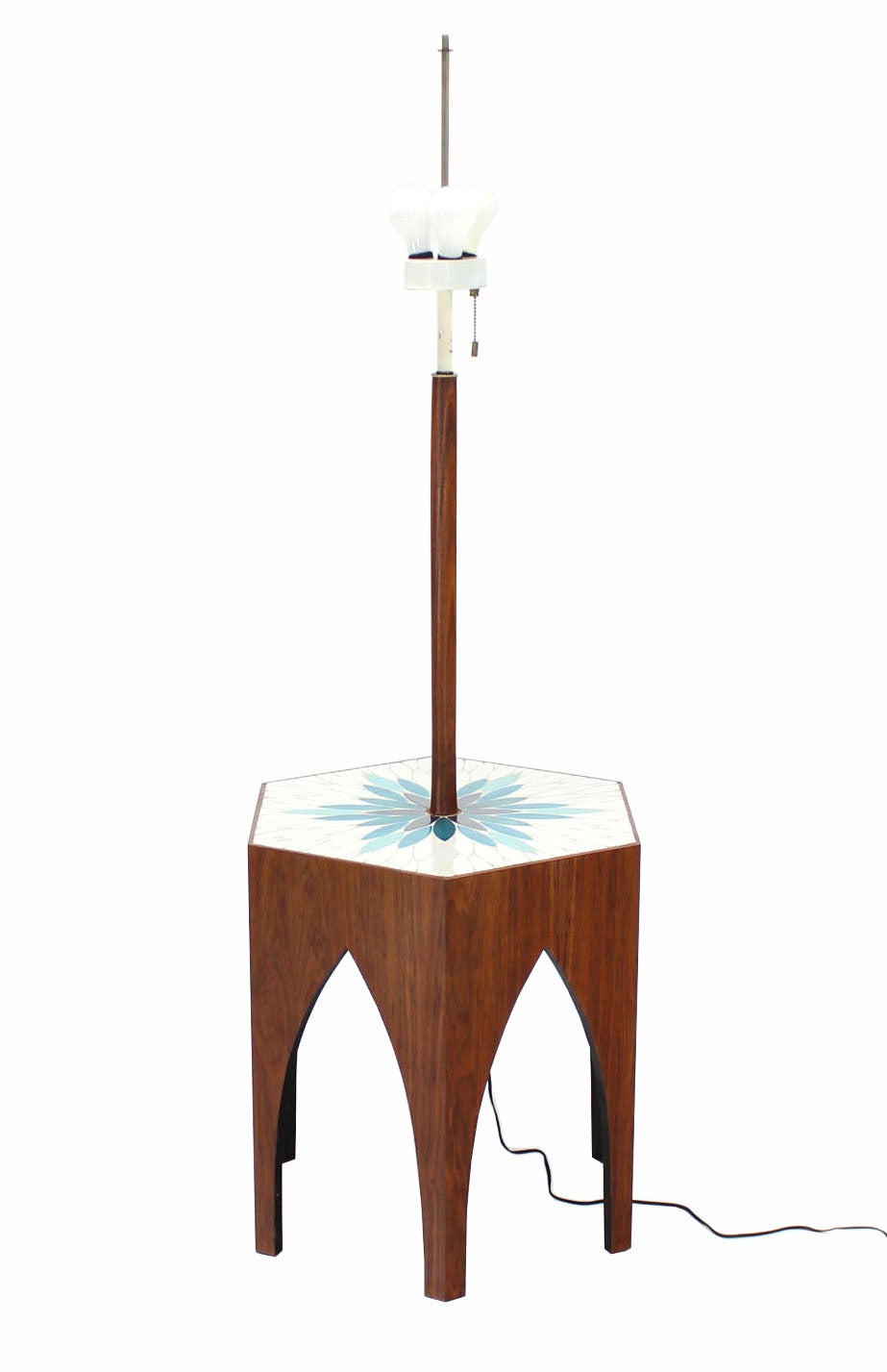 Very nice tile pattern walnut base floor lamp with table.