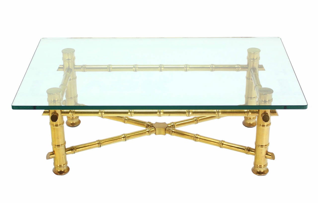 Gold Leaf Faux Bamboo Base Coffee Table with Thick Glass Top In Excellent Condition In Rockaway, NJ