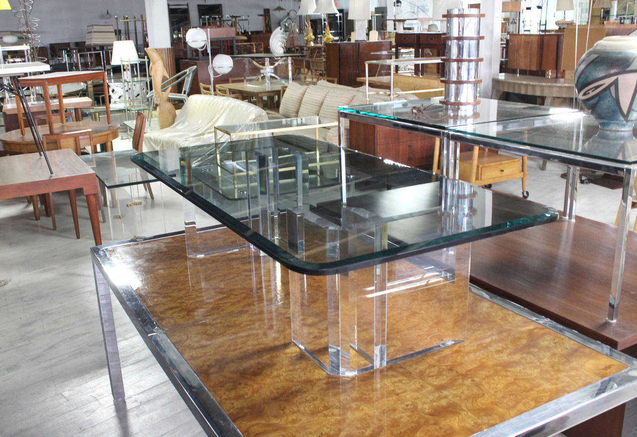 20th Century Large Thick Glass-Top and Lucite Base Coffee Table