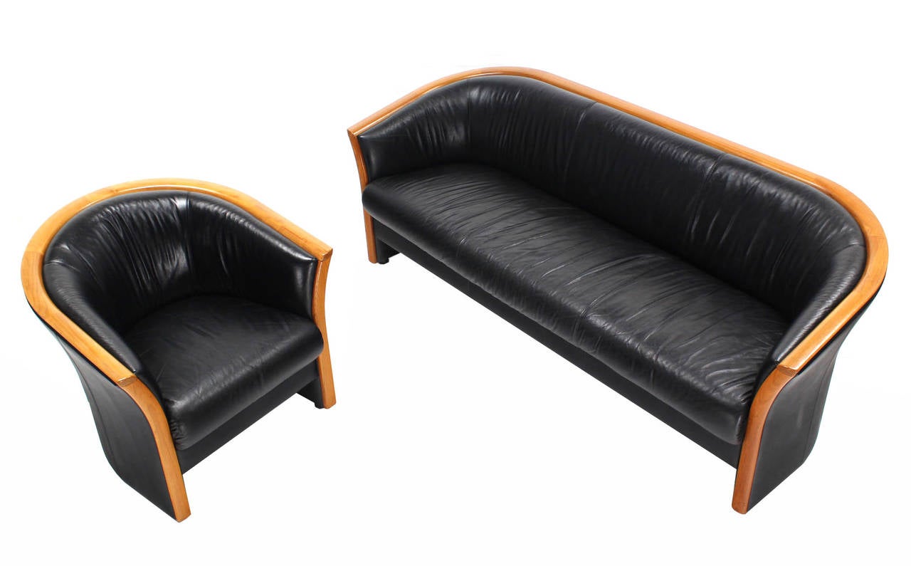 Mid-Century Modern Danish Modern Teak and Black Leather Sofa and Barrel Back Armchair